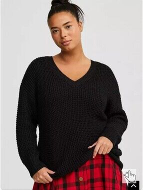 torrid Deep Black Waffle Knit V-Neck Pullover